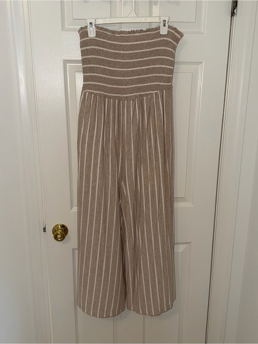 Hem & Thread Taupe and Cream Strapless Wide-Leg Jumpsuit